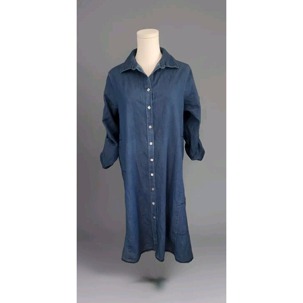 Beyond Threads Denim Shirt Dress Long Tab Sleeve Made In Peru Large Pearl Button